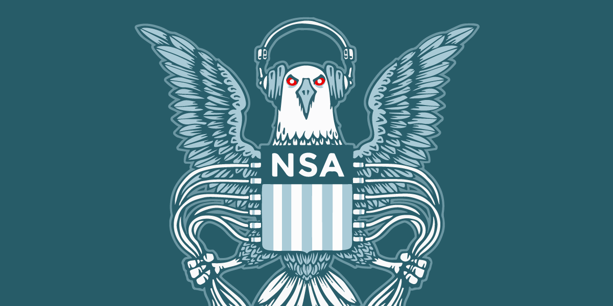 EFF 的 NSA eagle 圖，把 NSA 標誌改畫成一隻老鷹用爪子接上電信線路，象徵無令狀的大規模監控