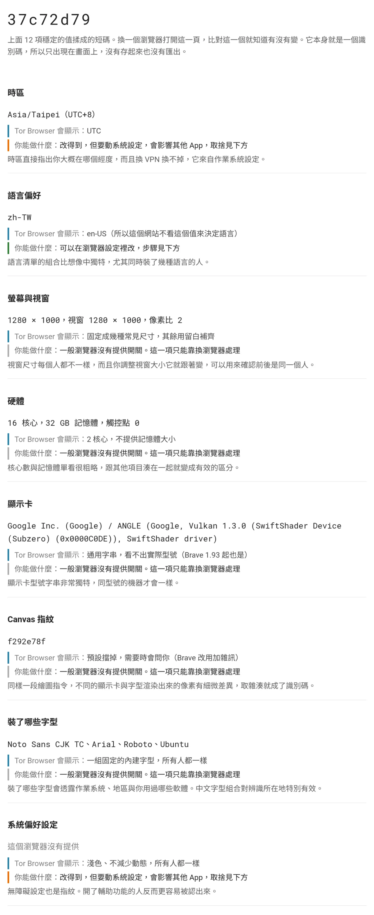 瀏覽器指紋示範頁的畫面，最上方是八位短碼，下方逐項列出時區、語言偏好與螢幕尺寸，每一項都附上 Tor Browser 會顯示的值