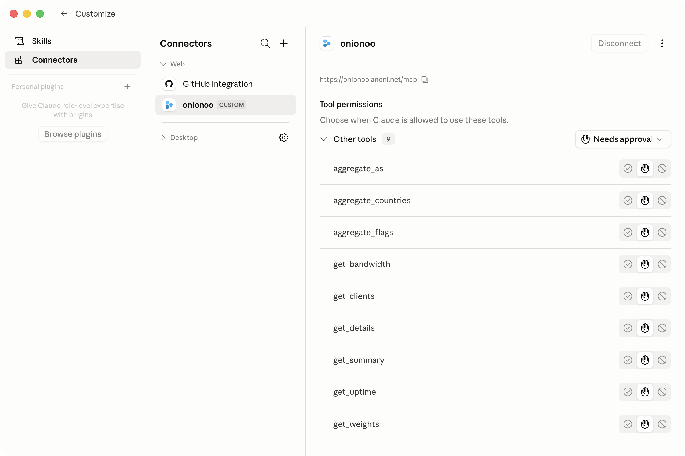 Claude Desktop 的 Connectors 設定頁，onionoo 顯示為 CUSTOM connector、連到 https://onionoo.anoni.net/mcp，工具清單列出 aggregate_as、aggregate_countries、aggregate_flags、get_bandwidth、get_clients、get_details、get_summary、get_uptime、get_weights 等工具