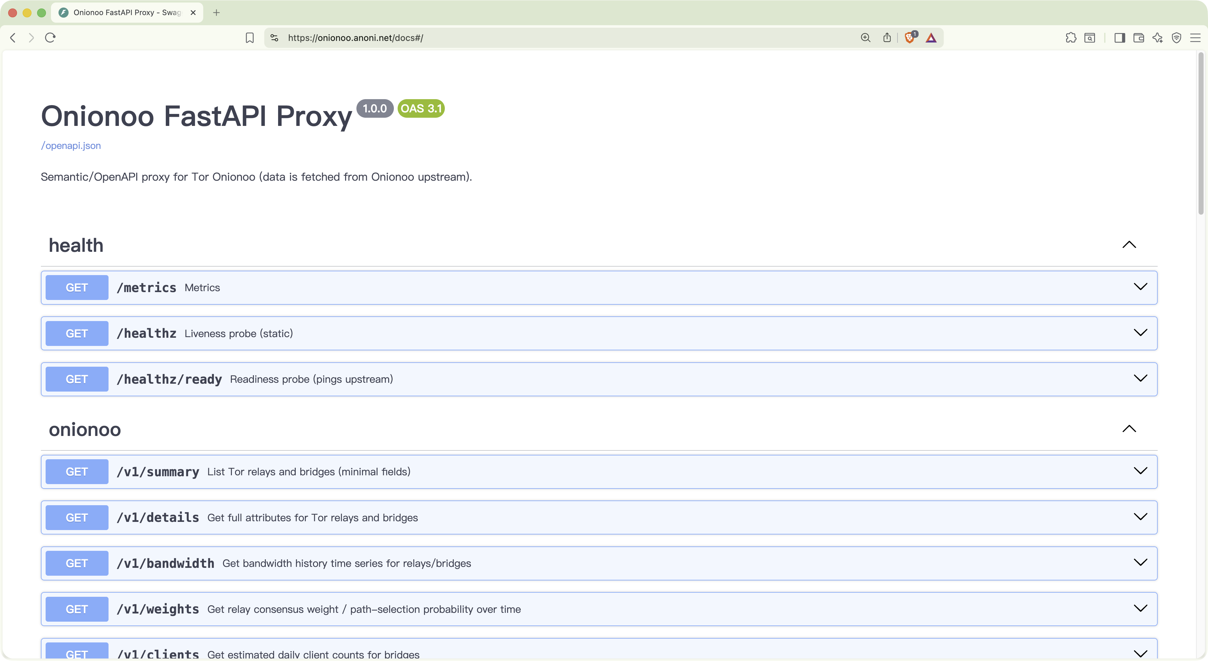 onionoo.anoni.net 的 Swagger UI，顯示 Onionoo FastAPI Proxy v1.0.0，列出 /healthz、/metrics 與 /v1/summary、/v1/details、/v1/bandwidth、/v1/weights、/v1/clients 等端點