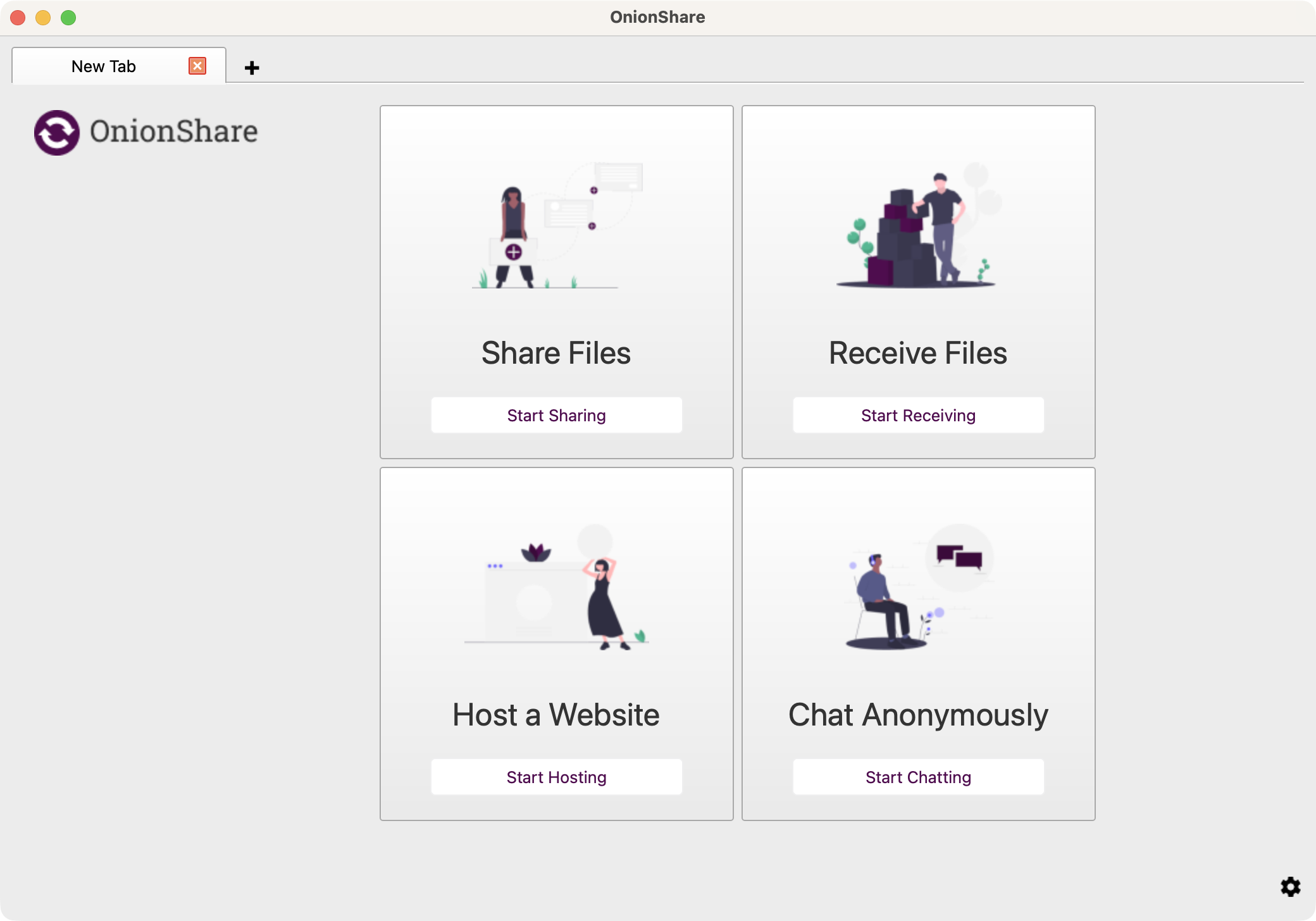 OnionShare 主視窗的四個模式分頁