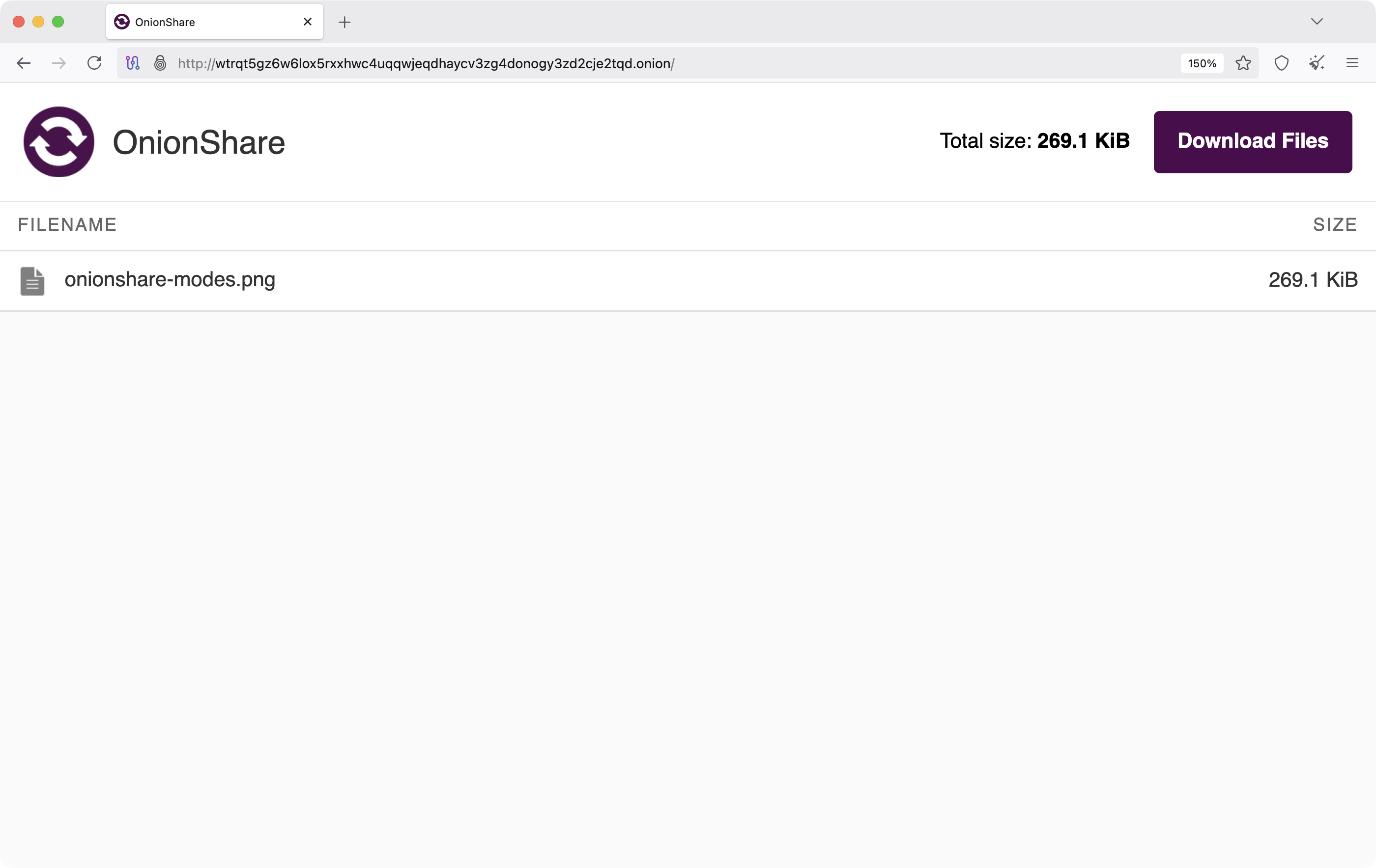 接收方在 Tor Browser 看到的 OnionShare 下載頁
