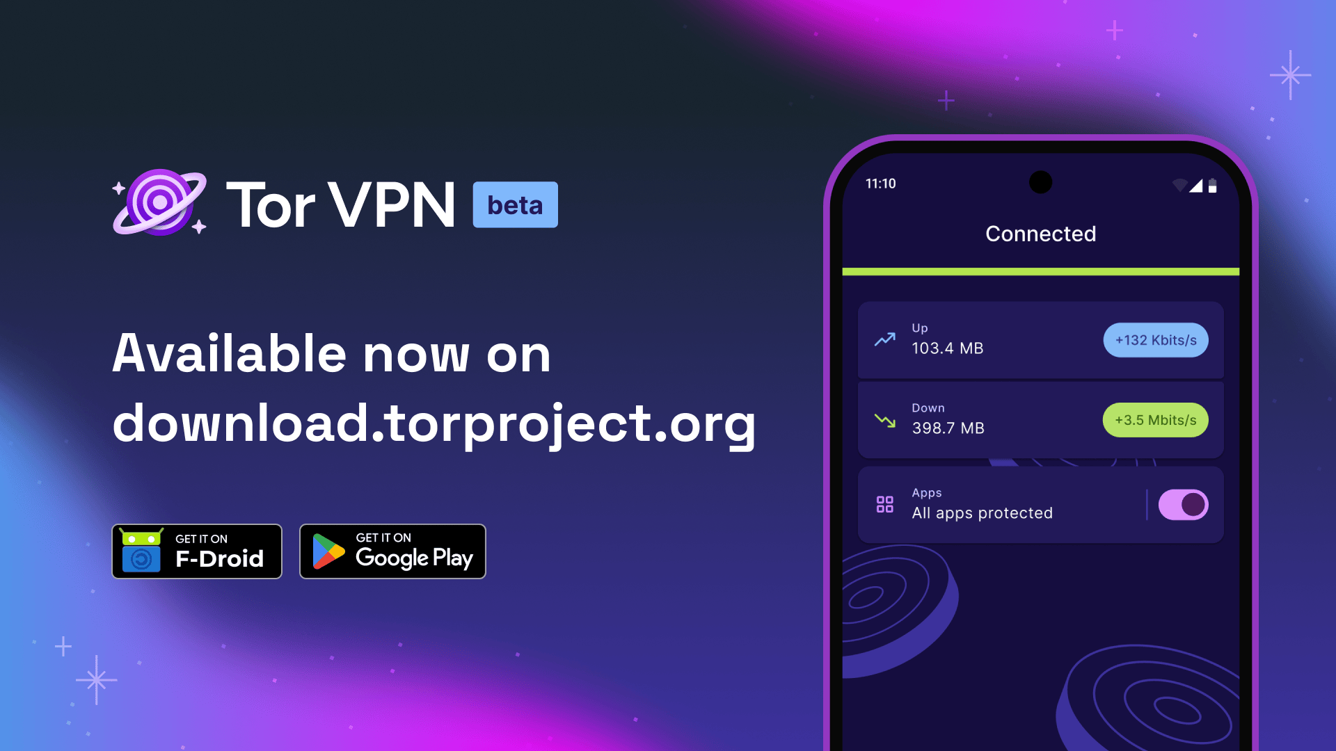 Tor VPN beta 的主視覺,左側寫著已可在 download.torproject.org 取得,下方是 F-Droid 與 Google Play 的下載徽章,右側手機顯示已連線畫面與上下傳流量