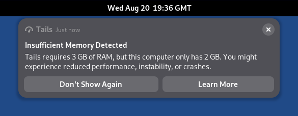 當 RAM 不足時，Tails 7.0~rc2 會顯示通知。