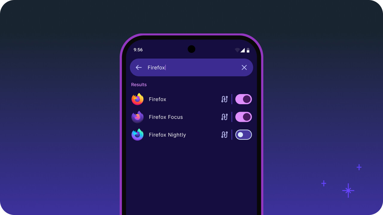 Tor VPN 的 Apps 畫面搜尋列，輸入 Firefox 之後結果列出 Firefox、Firefox Focus 與 Firefox Nightly 三項，各自帶著獨立的開關