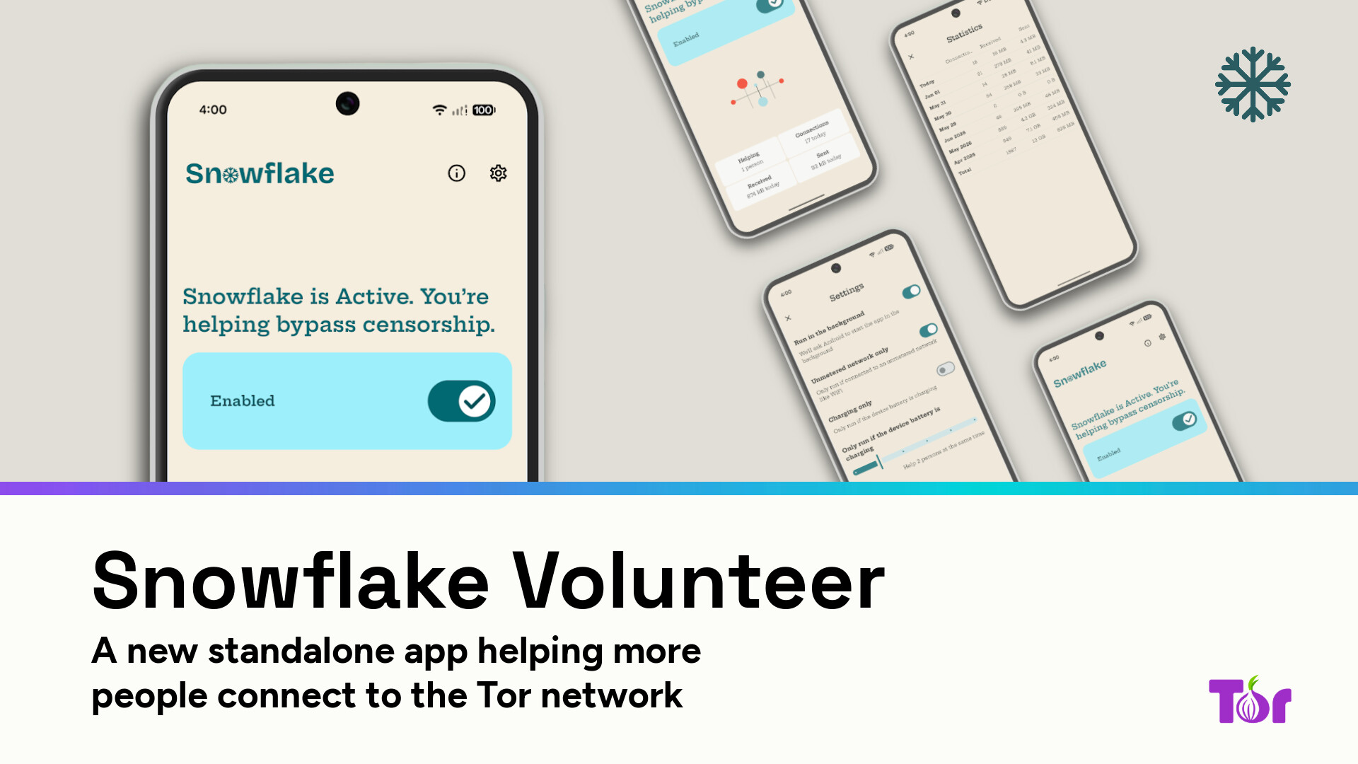 Snowflake Volunteer promotional graphic showing several phone mockups of the app's enable toggle, settings screen, and statistics screen