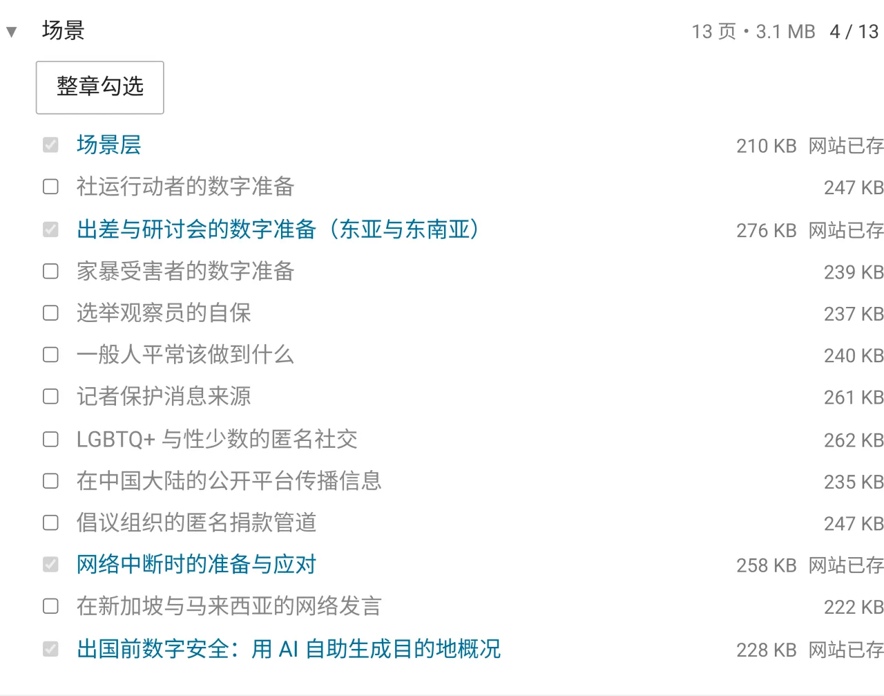 离线阅读页展开场景那一章，13 页逐页列出，网站自动存过的四页勾选框是灰的并标着「网站已存」，记者、家暴、LGBTQ 几页的勾选框是空的，要读者自己勾