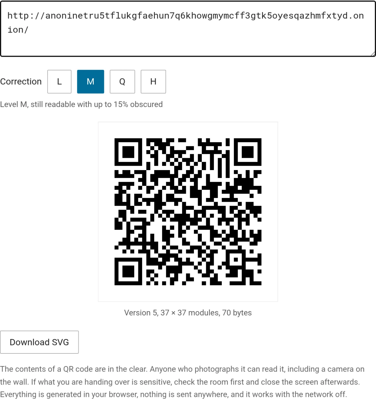 The QR code generator turning an onion address into a code, with version 5, a 37 by 37 grid and 70 bytes noted underneath