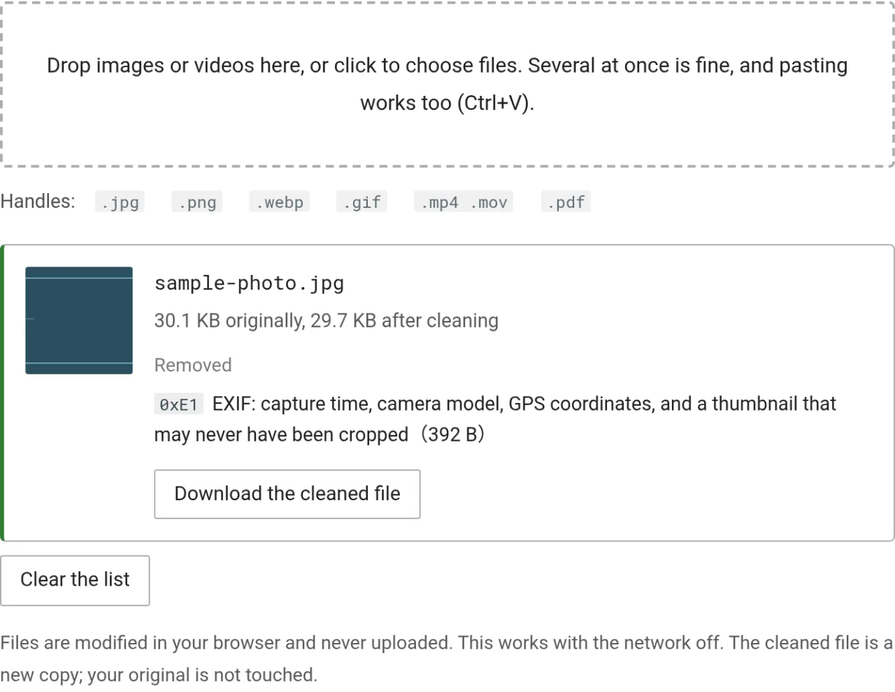 The file metadata stripper, listing the seven formats it handles, with a sample photo going from 30.1 KB to 29.7 KB and the removed EXIF block accounted for at 392 bytes