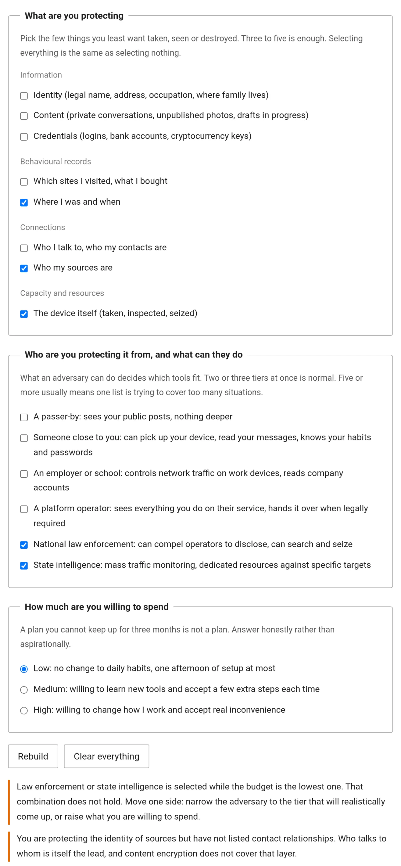 The threat model checklist being filled in, with three questions covering what to protect, who to protect against, and how much to spend, each as a list of checkboxes
