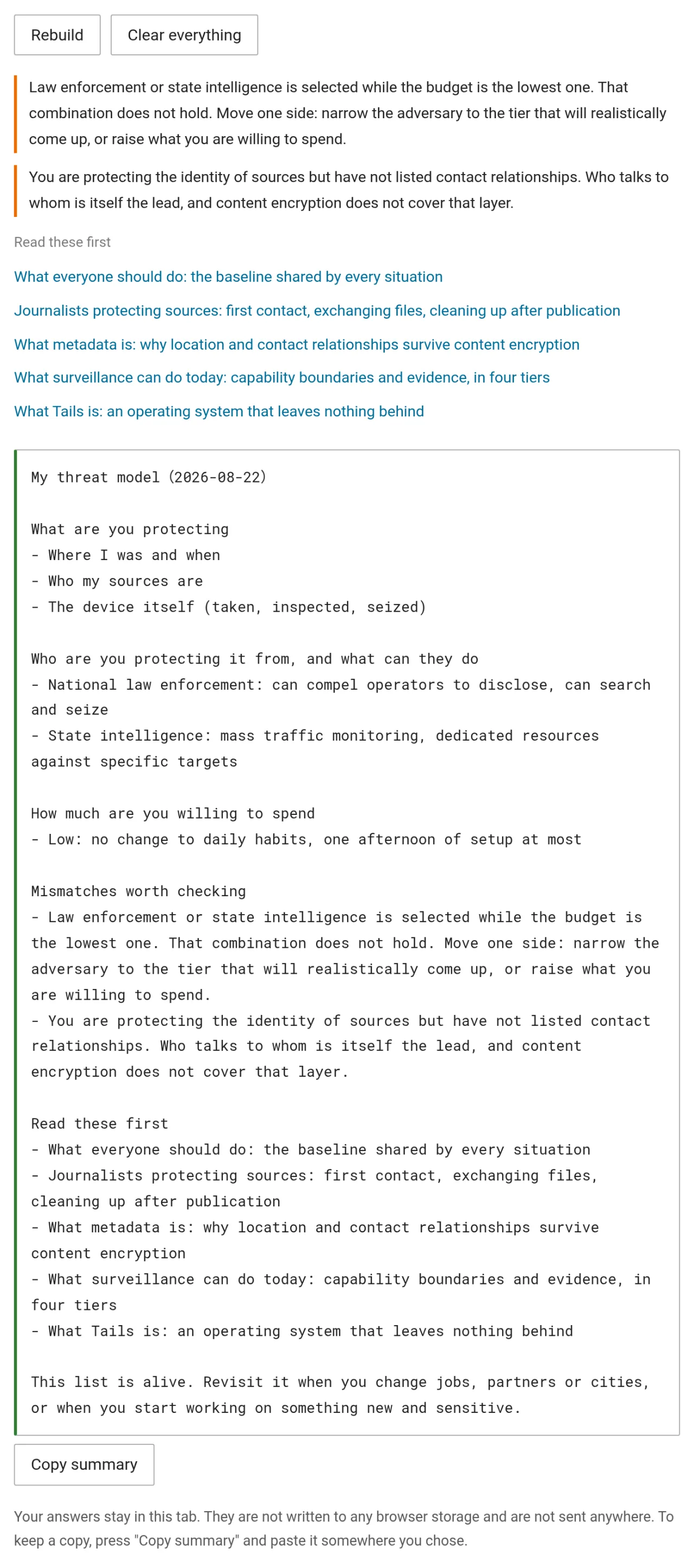 The result the checklist produces, with two mismatches flagged at the top, suggested reading in the middle, and a plain-text summary that can be copied whole