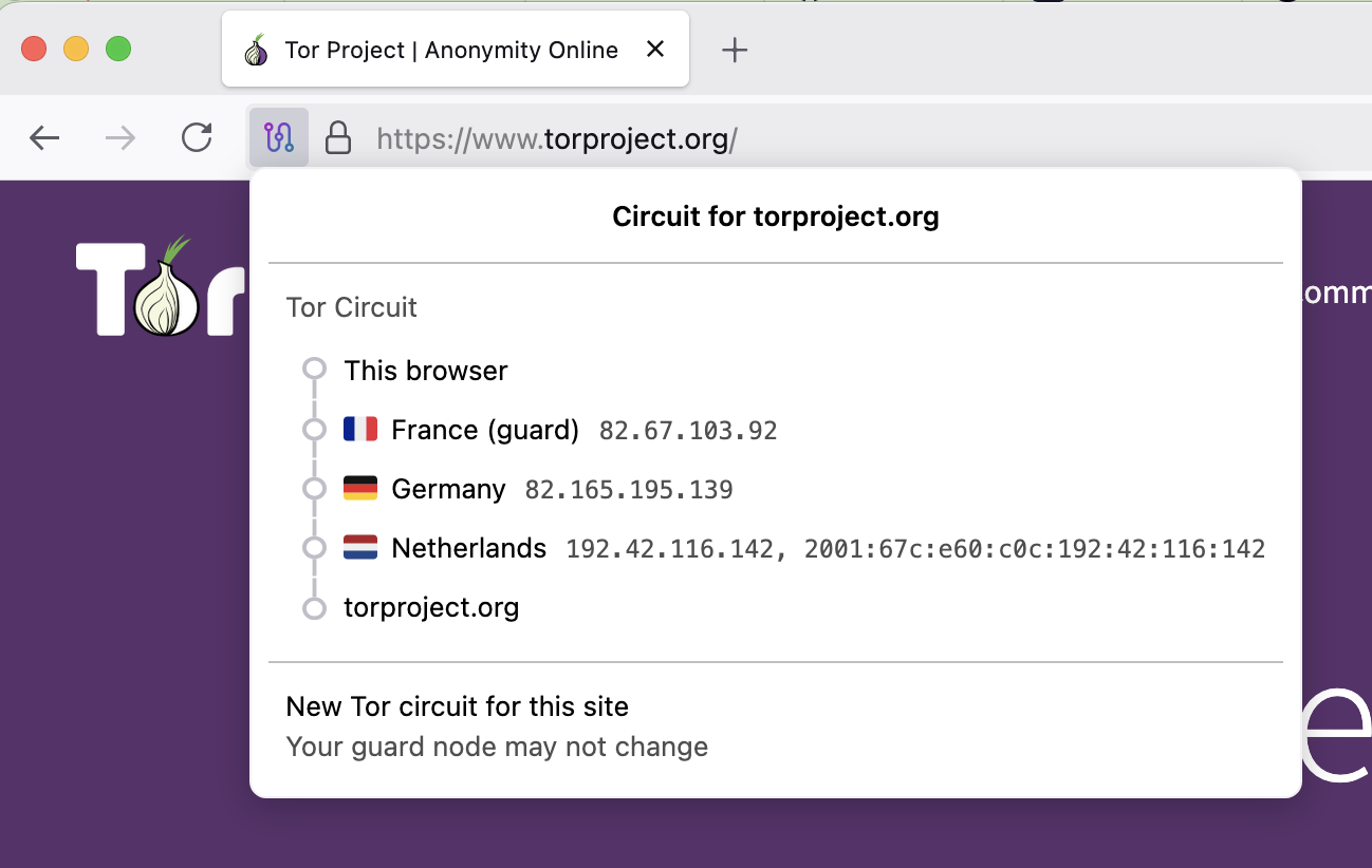 Tor Browser 显示当前 Tor Circuit 的三层中继节点与所在国家