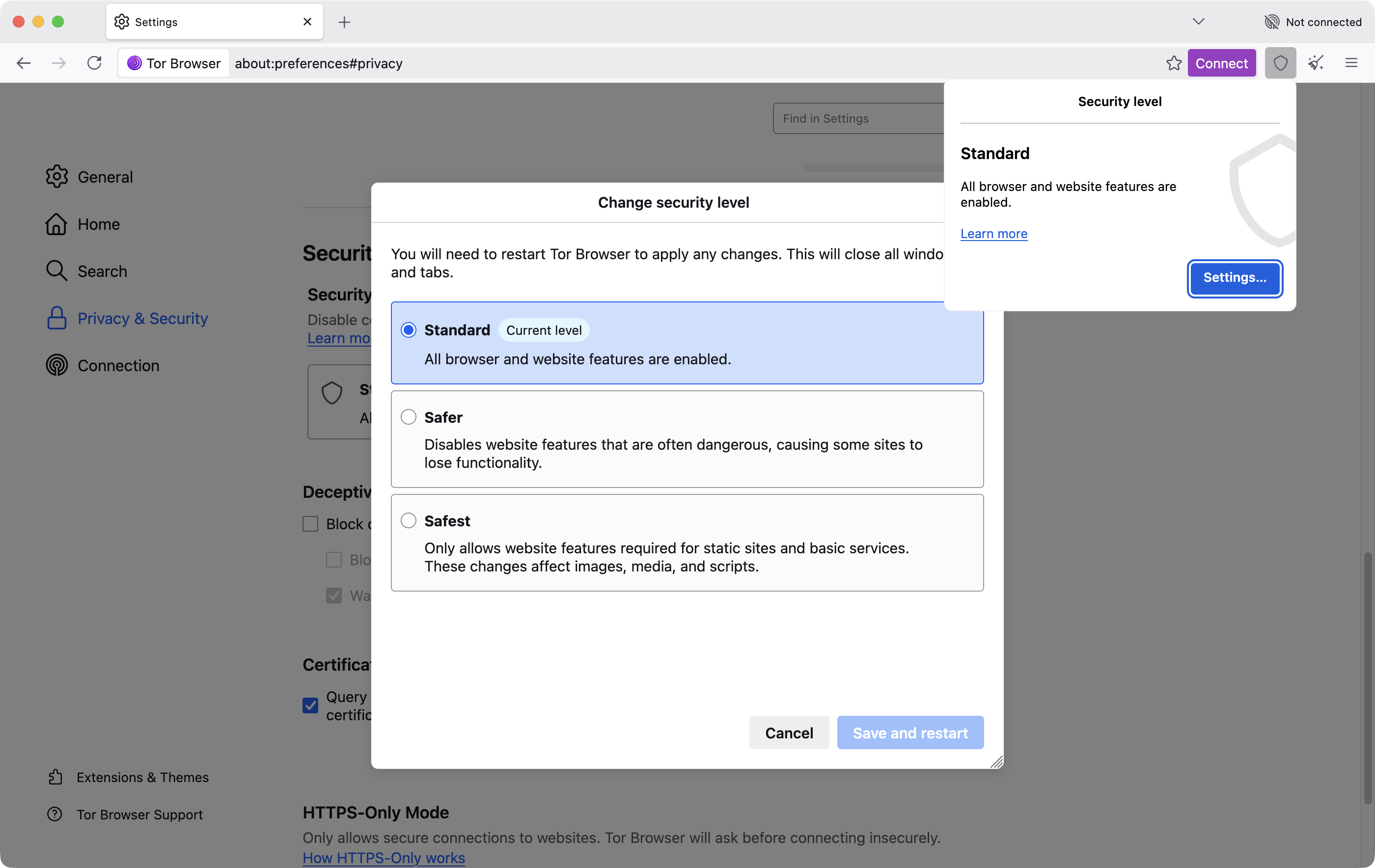 Tor Browser Security Level slider 的三段选项